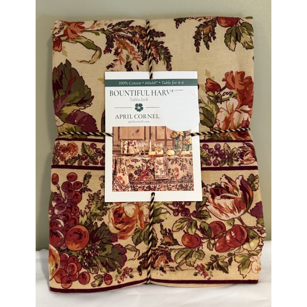 April Cornell BOUNTIFUL HARVEST Thanksgiving Floral Fruit Tablecloth 60 x 60 Sq